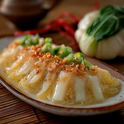 Steamed Vermicelli with Garlic, Enoki Mushrooms, and Baby Chinese Cabbage&nbsp;(Vegan)